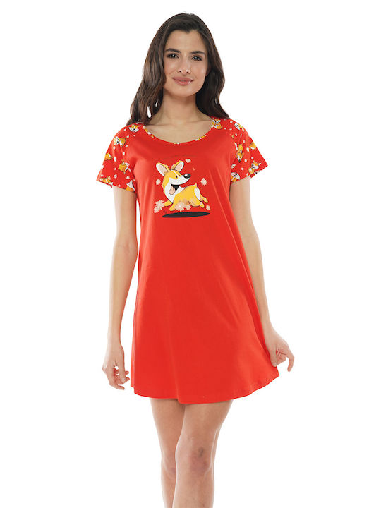 Chemise de noapte de vară pentru femei Vienetta "Plimbându-se" cu mâneci scurte-010031b roșu