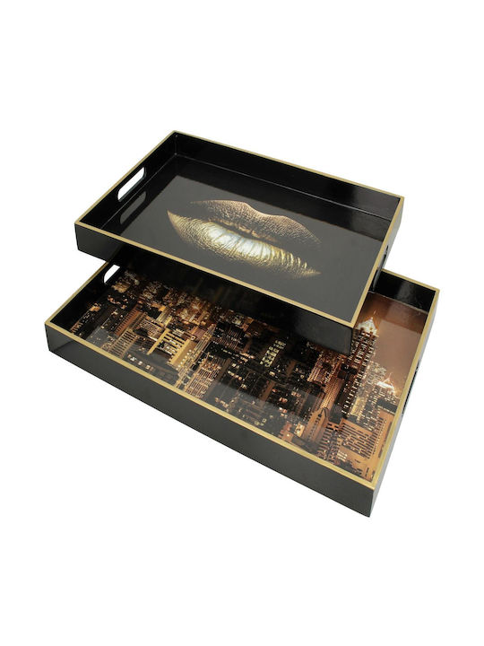 ArteLibre Wooden Rectangular Serving Tray with Handles in Black Color 50x35x4cm 05152813 2pcs