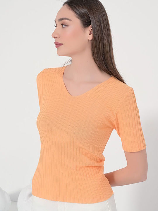 Fullah Sugah Women's Summer Blouse Short Sleeve with V Neckline Orange