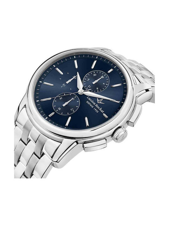 Herrenuhr 42mm Chronograph Batterie mit Rostfreiem Stahlarmband Blau/Silber