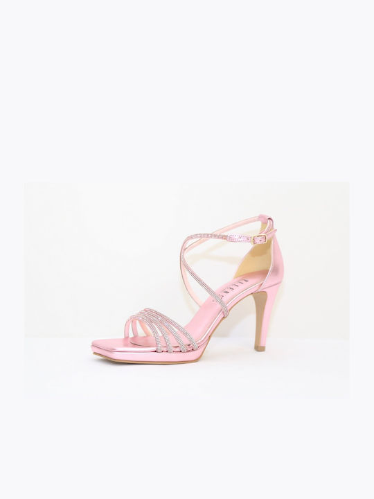 Ellen Platform Synthetic Leather Women's Sandals with Strass Pink with Thin High Heel