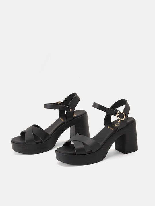 Bozikis Platform Leather Women's Sandals Black with Chunky High Heel K23-076-305 ΜΑΥΡΟ