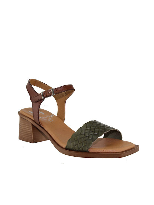 Marila Footwear Leather Women's Sandals 748-22094 Khaki with Chunky Medium Heel