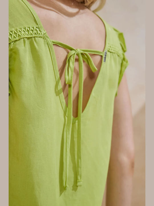 Nan Damen Sommer Bluse Leinen Ärmellos mit V-Ausschnitt Lime