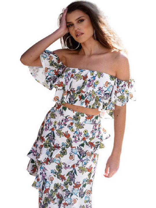 Κοντομάνικη Γυναικεία Μπλούζα Off-Shoulder Floral Πολύχρωμη