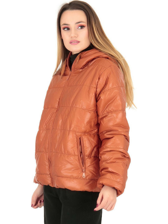 Women's Short Puffer Jacket Waterproof for Winter Orange