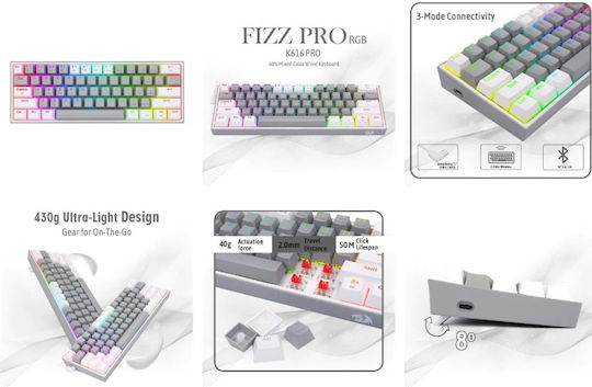Redragon K616-RGB Fizz Pro Gaming Μηχανικό Πληκτρολόγιο Tenkeyless με Custom Red διακόπτες και RGB φωτισμό (Αγγλικό US) White/Grey