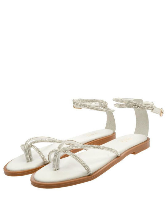 J&C Leather Women's Sandals with Ankle Strap with Strass White