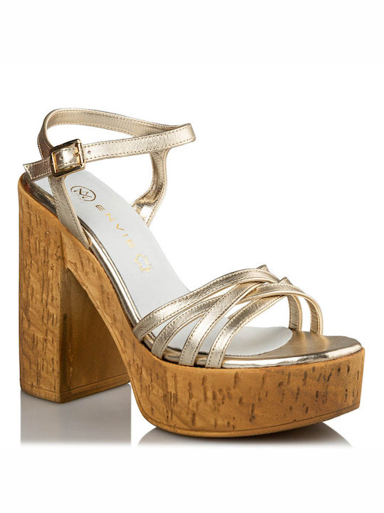 Envie Shoes Platform Leather Women's Sandals Gold with Chunky High Heel