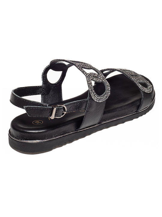 APHRODITE - Sandale plate din piele pentru femei, NEGRE, 913-059-001