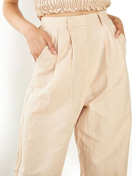 Women's High-waisted Fabric Trousers Flared Regular Fit Beige