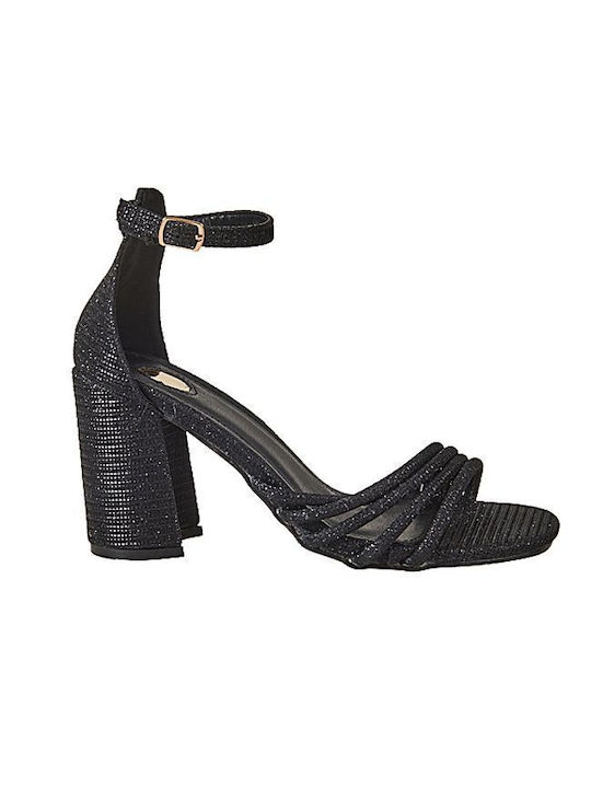 Elenross Women's Sandals with Strass & Ankle Strap Black with Chunky High Heel