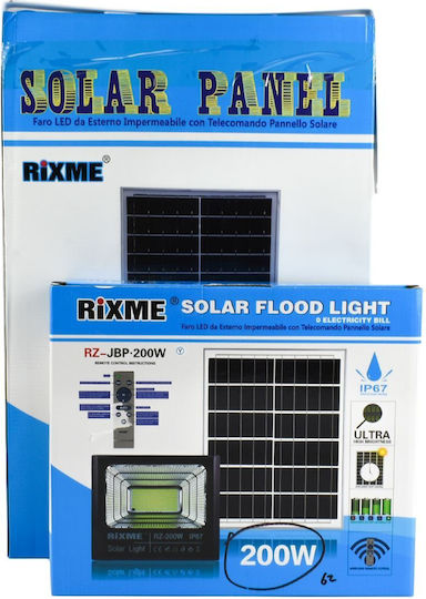 Rixme Στεγανός Ηλιακός Προβολέας LED 200W Ψυχρό Λευκό 6000K με Τηλεχειριστήριο IP67