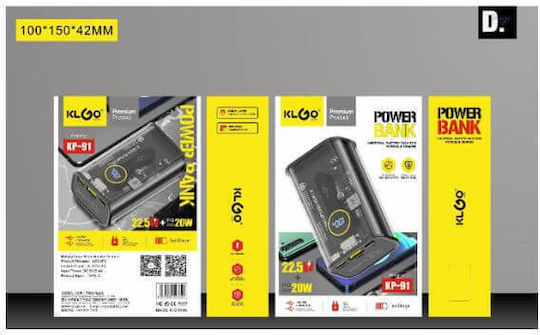 KLGO KP-91 Външна Батерия 10000mAh 22.5W с USB-A Изходен Порт и USB-C Изходен Порт Power Delivery Черна