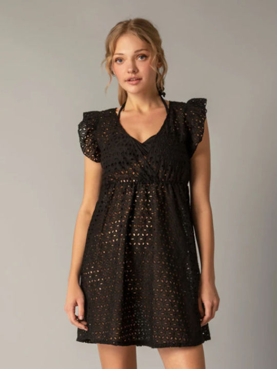 Summer Mini Dress Wrap with Ruffle Black