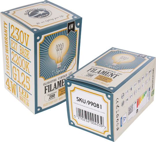 GloboStar LED крушка 4W 180mm за фасунга E27 и форма G125 Топло бяло 280лм Димируем