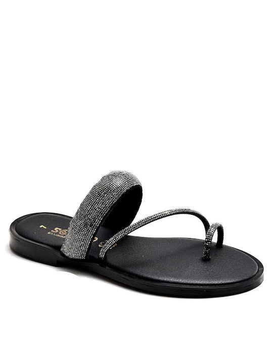 Sabino 3509-5 Leather Women's Flat Sandals in Black Color