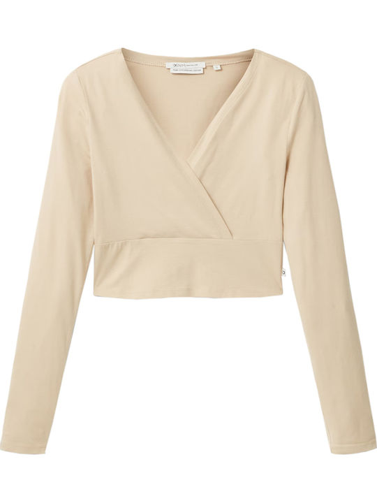Damen Crop Top Langarm Beige