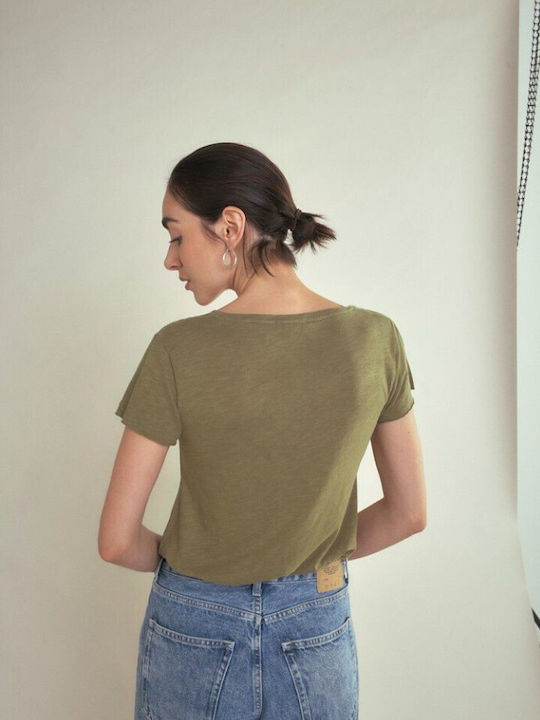 American Vintage Women's T-shirt with V Neckline Olive Vintage