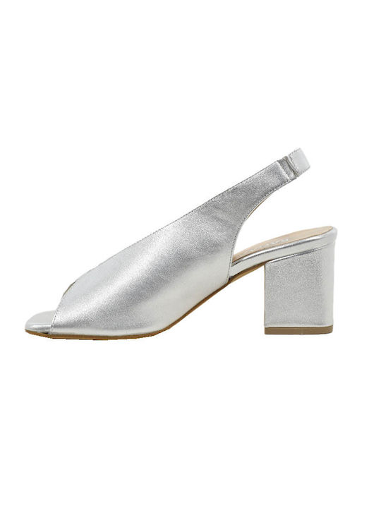 Ragazza Leather Women's Sandals Silver with Chunky Medium Heel