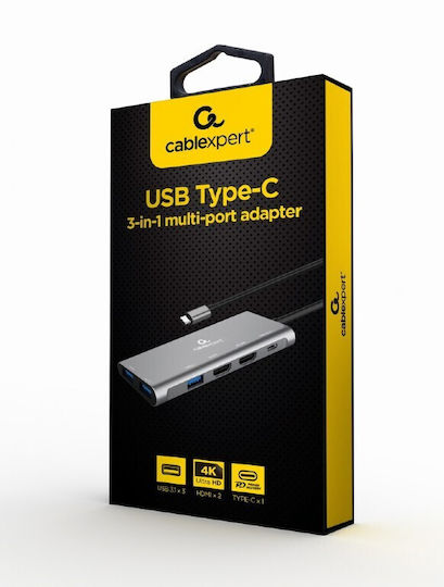 Cablexpert USB-C Docking Station με HDMI 4K PD Γκρι (A-CM-COMBO3-03)