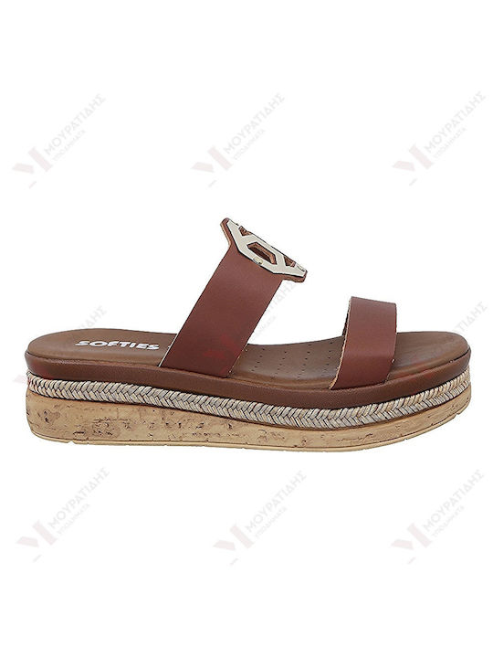 Softies Leather Women's Flat Sandals Anatomic Flatforms in Tabac Brown Color