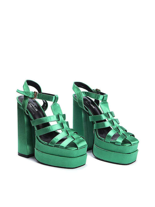 Keep Fred Platform Fabric Women's Sandals Green with Chunky High Heel