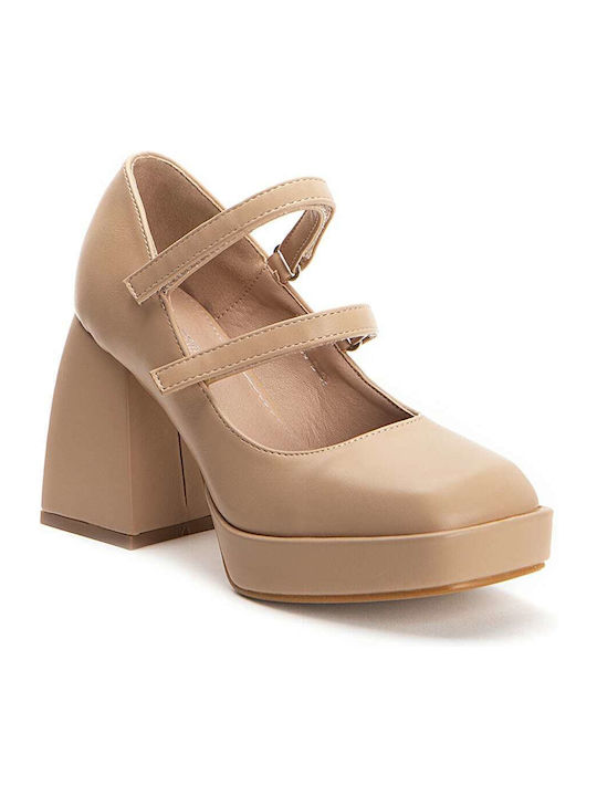 Keep Fred Leather Beige High Heels with Strap