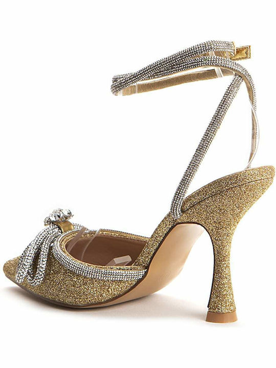 Keep Fred Pointed Toe Stiletto Gold High Heels with Strap