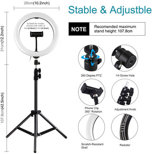 Puluz LED Ring Light Dimmable-Adjustable Color Temperature RGB Ring Light 26cm με Τρίποδο Δαπέδου και Βάση για Κινητό