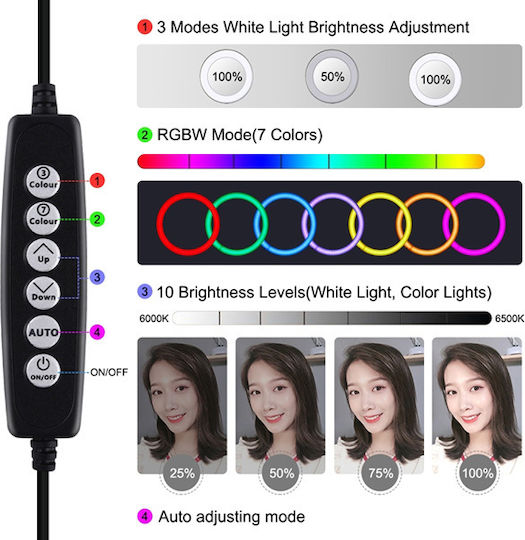 Puluz LED Ring Light Dimmable-Adjustable Color Temperature RGB Ring Light 26cm με Τρίποδο Δαπέδου και Βάση για Κινητό