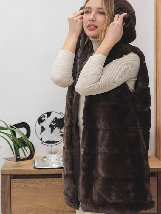 Women's Sleeveless Long Fur Brown