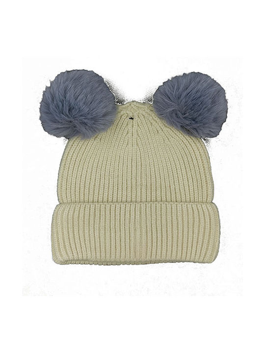 Kids Beanie Knitted with Pom Pom 00072 - Ecru