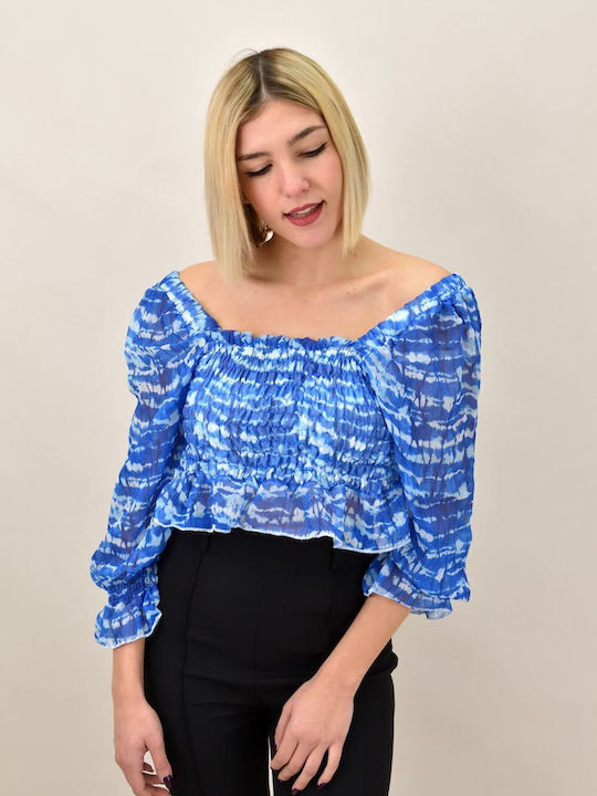 Γυναικεία Μπλούζα Off-Shoulder με Μανίκι 3/4 Καλοκαιρινή Μπλε