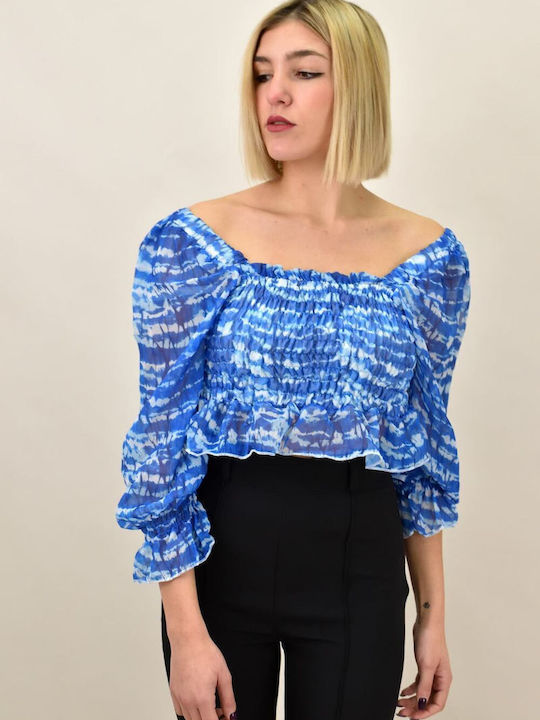 Potre Women's Summer Blouse Cotton Off-Shoulder with 3/4 Sleeve Blue