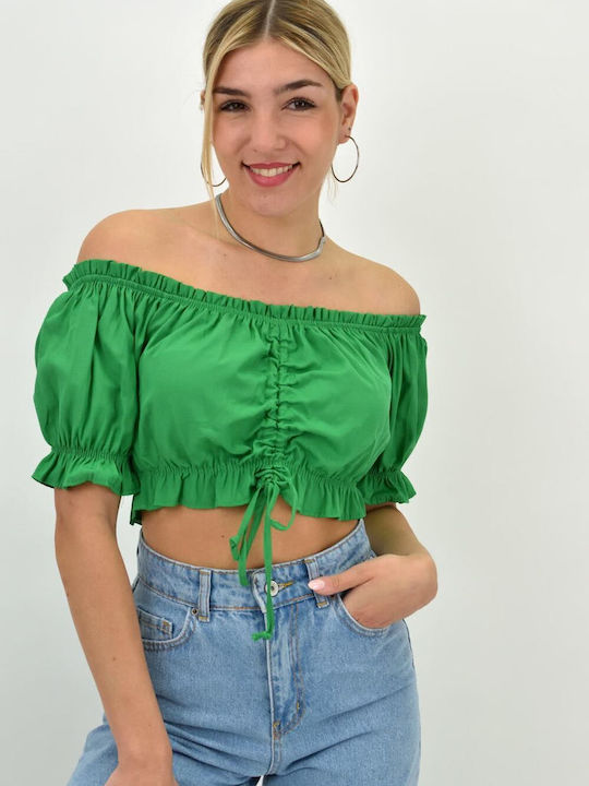 Potre Damen Sommerliches Crop Top Schulterfrei Kurzärmelig Grün