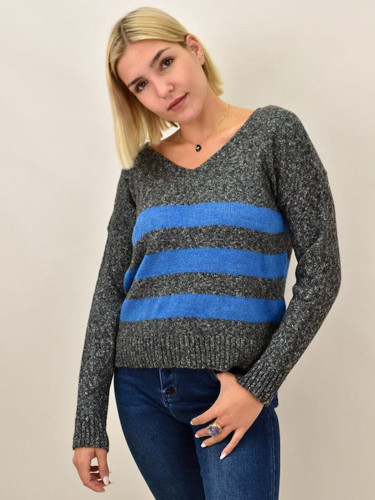 Potre Women's Long Sleeve Sweater with V Neckline Striped Gray