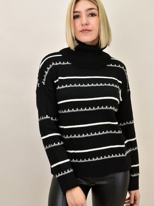 Potre Women's Long Sleeve Sweater Turtleneck Striped Black