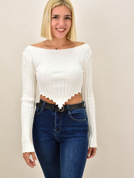 Potre Women's Crop Top Long Sleeve with Boat Neckline Beige