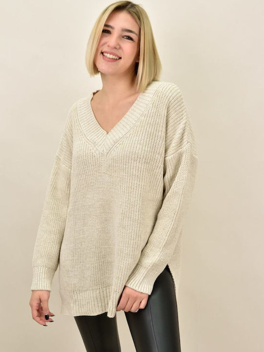 Potre Damen Langarm Pullover mit V-Ausschnitt Beige