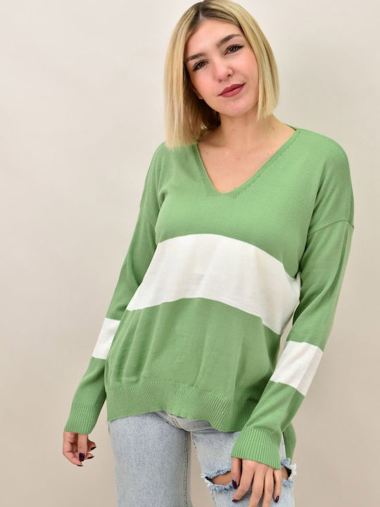 Potre Damen Langarm Pullover Wolle mit V-Ausschnitt Gestreift Grün