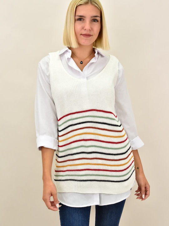 Potre Women's Sleeveless Sweater Striped White