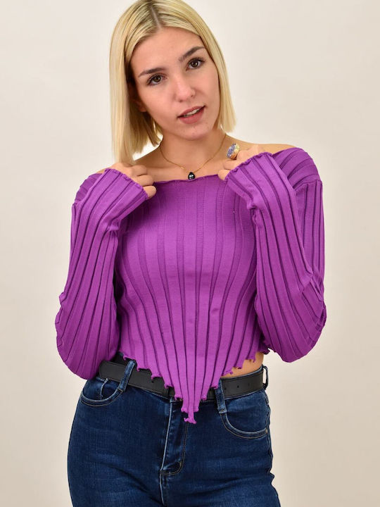 Potre Women's Crop Top Long Sleeve with Boat Neckline Purple