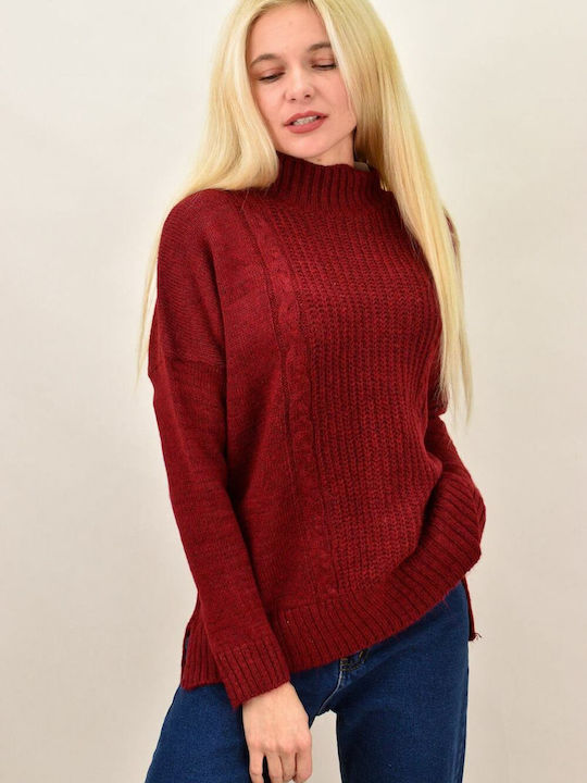 Potre Damen Langarm Pullover Baumwolle Rollkragen Burgundisch