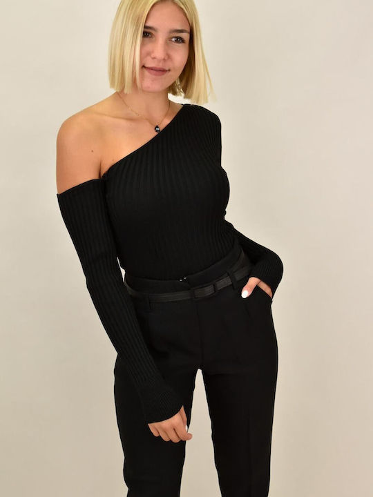 Potre Damen Bluse mit einem Schulter Schwarz