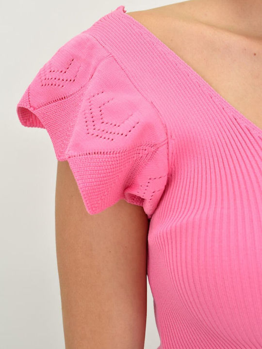 Potre Damen Sommerliche Bluse Kurzärmelig mit V-Ausschnitt Rosa