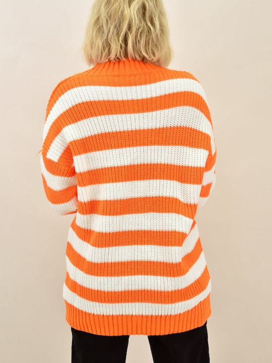 Potre Damen Langarm Pullover Wolle mit V-Ausschnitt Gestreift Orange