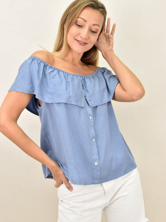 Potre Women's Summer Blouse Off-Shoulder Short Sleeve Blue