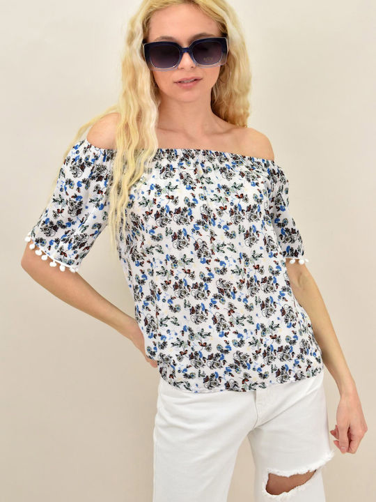 Potre Women's Summer Blouse Cotton Off-Shoulder Short Sleeve Floral White