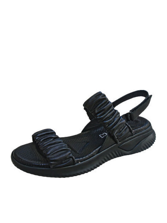Leather Women's Flat Sandals with Strap in Black Color